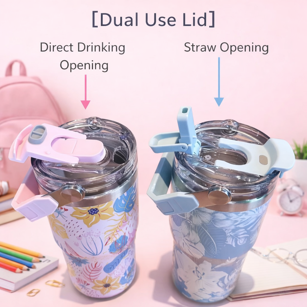 Floral Insulated Water Bottle with Handle Lid - [600ML]